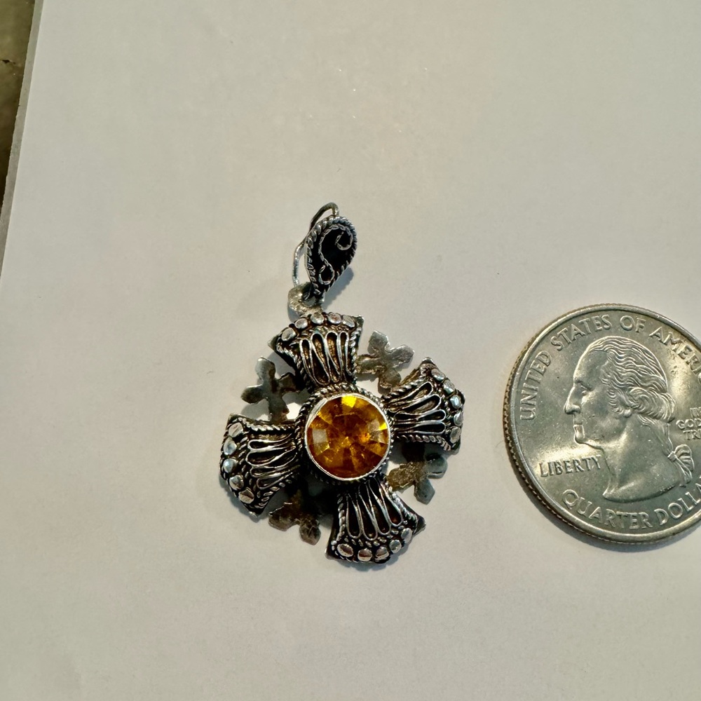 Antique-Jerusalem 950 Sterling Silver Cross Pendant with Amber Gemstone